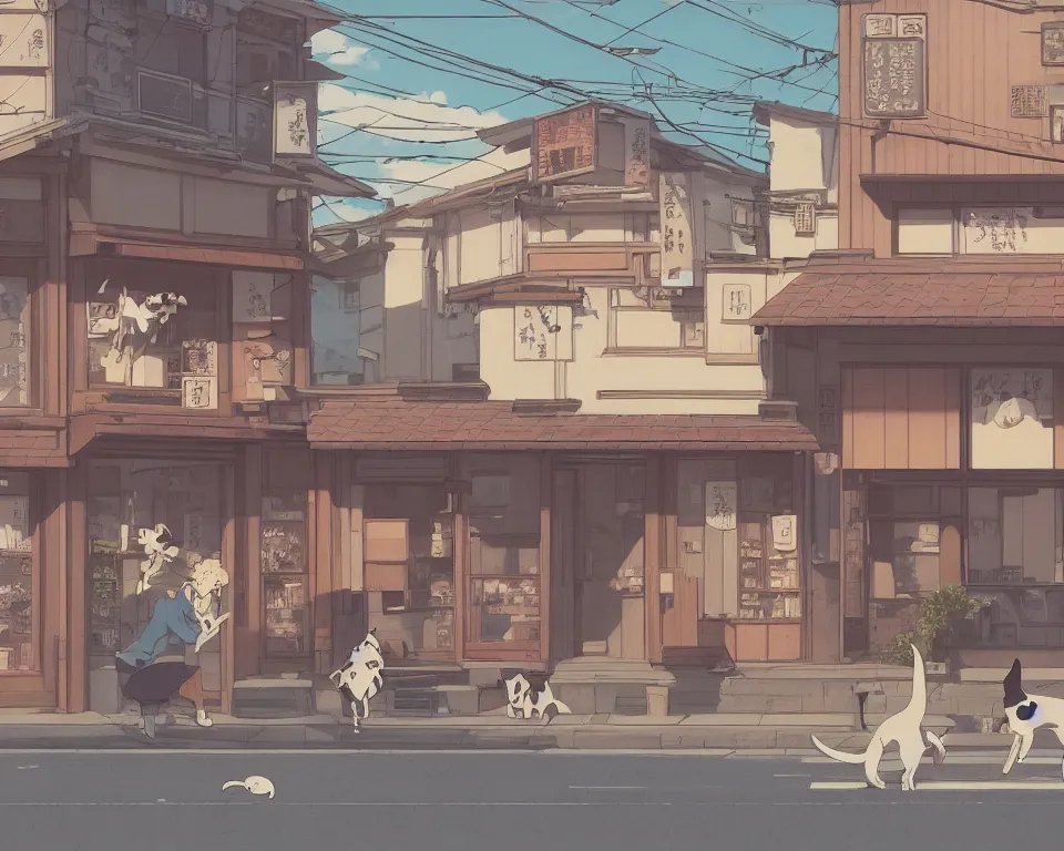 Prompt: beautiful illustration of a dog chasing a cat in front of a small shop front in kyoto on a fine summers day, anime manga style, with snow, aesthetic, cory loftis, james gilleard, atey ghailan, makoto shinkai, goro fujita, studio ghibli, makoto shinkai