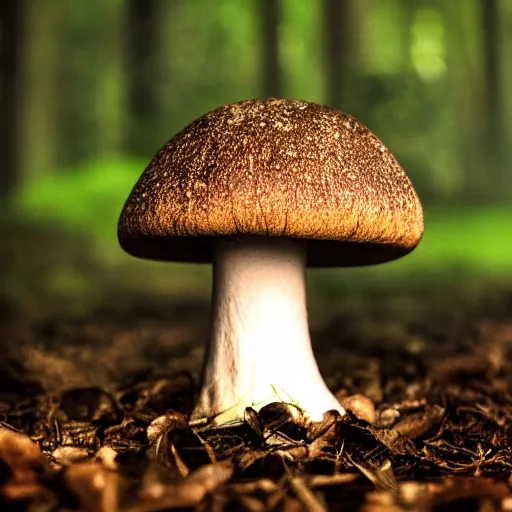 Image similar to photo of a mushroom in front of an old crt monitor displaying white noise in a forest, 4 k, detailed, realistic, cinematic, gloomy lighting, shallow dof