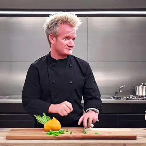 Image similar to hyper real Gordon Ramsey cooking a unicorn in kitchen 4k