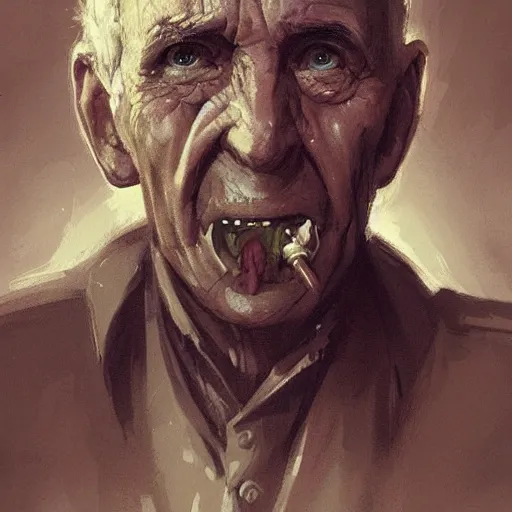 Image similar to old man portrait, ww 2 hand grenade in his teeth, greg rutkowski art