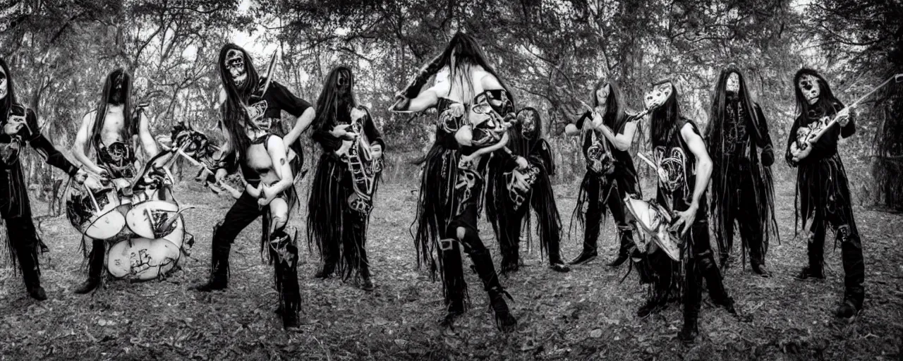 Image similar to award-winning photography of a rock black metal group with costumes inspired by insects, playing music in a concert