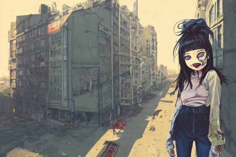 Prompt: urban school zombie girl in tattered clothes with a city street of Buenos aires in the background, dark blue long hair, muted colors, matte print, pastel colors, ornate, digital art, cute smile, digital painting, fan art, elegant, pixiv, by Ilya Kuvshinov, by Studio Ghibli