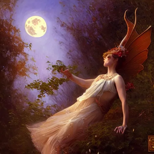 Image similar to attractive fairy magically floating high in the night, fantasy, full moon in background. highly detailed painting by gaston bussiere, craig mullins, j. c. leyendecker, mid shot, 8 k realistic, cryengine, frostbite 3 engine, sharp focus