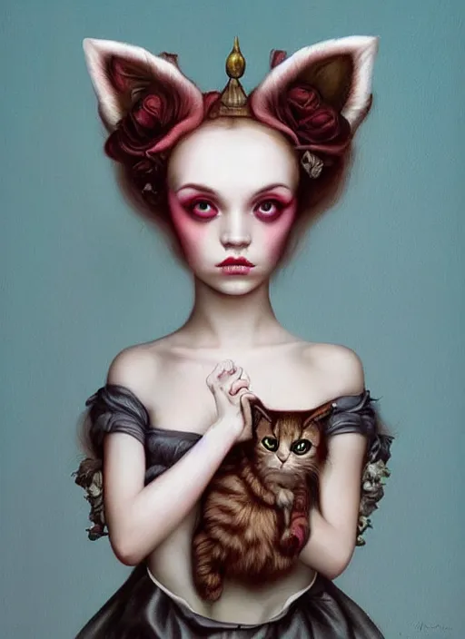 Image similar to pop surrealism, lowbrow art, realistic cute alice girl painting, holding a cat, hyper realism, muted colours, rococo, natalie shau, loreta lux, tom bagshaw, mark ryden, trevor brown style,