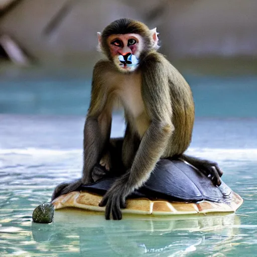 Image similar to a monkey sitting on the back of a turtle