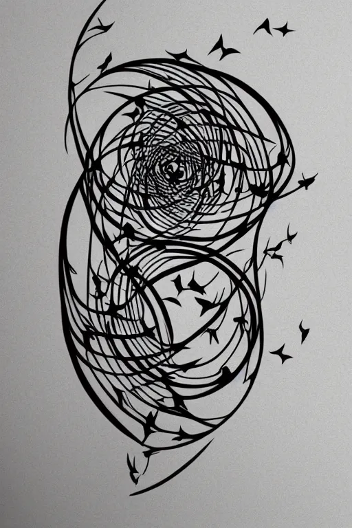 Prompt: a beautiful tattoo design of minimalist swallows flying across geometric spirals, black ink, abstract logo, line art, vector graphics