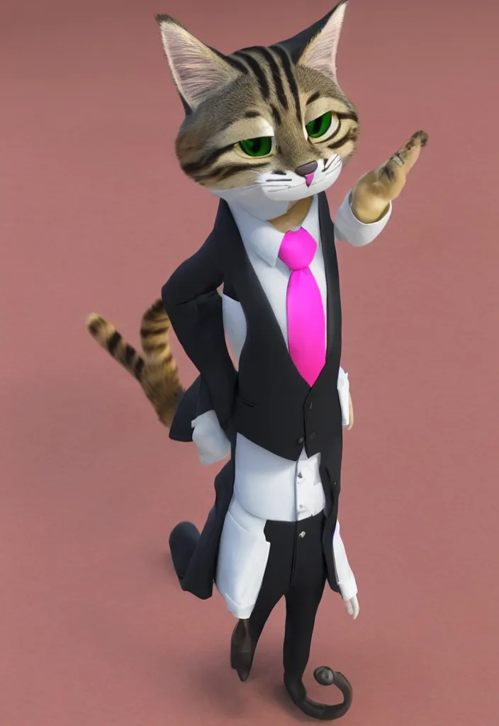 Image similar to 3d render , anthropomorphic male tabby cat,wearing a pink tux ,style of Zootopia, 8K HD Resolution, High quality image