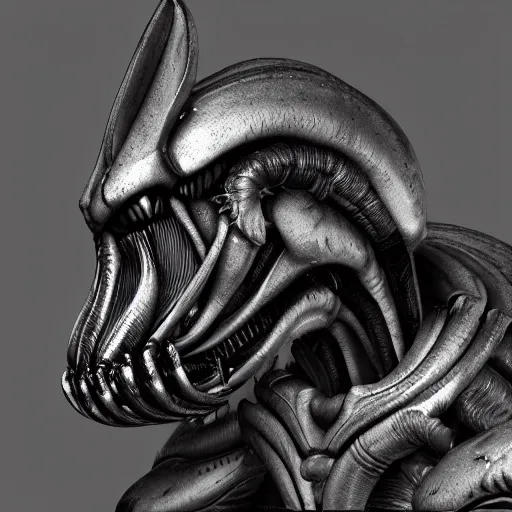 Prompt: centered photorealistic antropomorphic xenomorph Cat statue inspired by Giger, octane render, unreal engine 4k, volumetric light, fog, wide shot, detailed