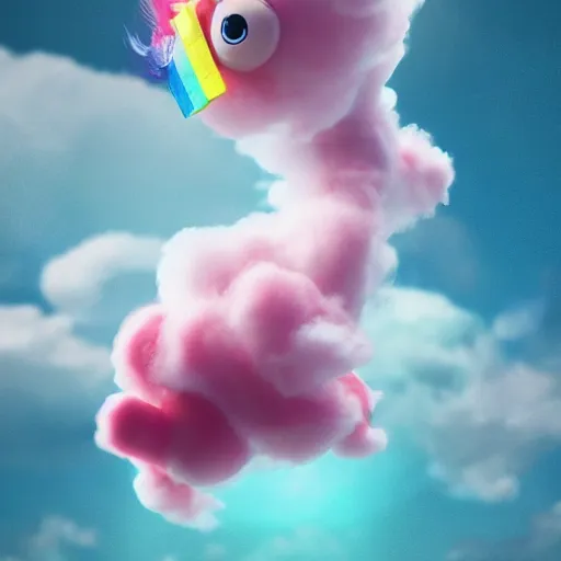 Image similar to cutest huge fantasy cloud animal, with sprouting rainbow hair, hd, japanese anime artist drawn, dlsr, dream animal cute eyes, trending on artstation, cotton candy, octane render, cinematic