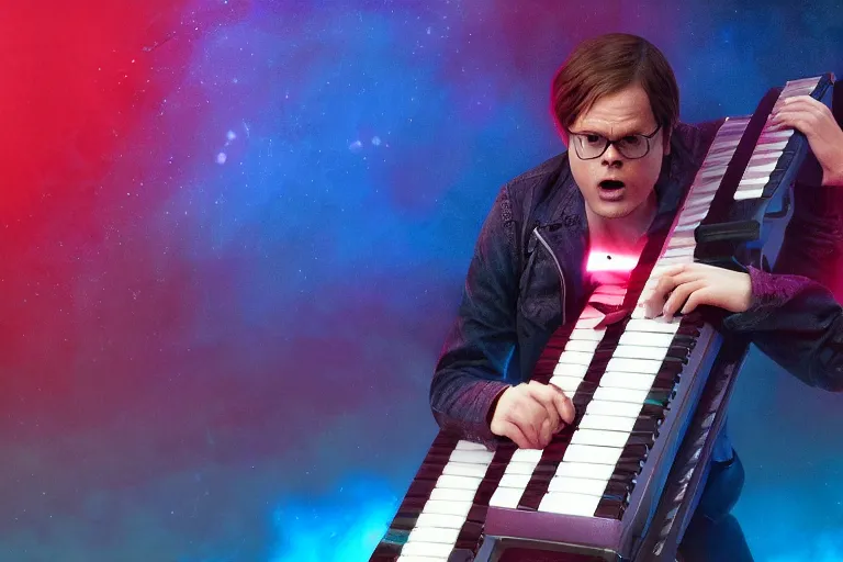 Prompt: dwight schrute playing the keytar with a vengance and yelling, dramatic scene, heavy blue fog, red lightning, ultra wide angle, movie still, photorealistic, stranger things, netflix, upside - down, colorful lighting, grainy, aerial shot, shot from above, movie still