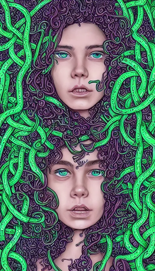 Image similar to very detailed portrait of a 2 0 years old girl surrounded by tentacles, the youg woman visage is blooming from fractal and vines, by jhonen vasquez