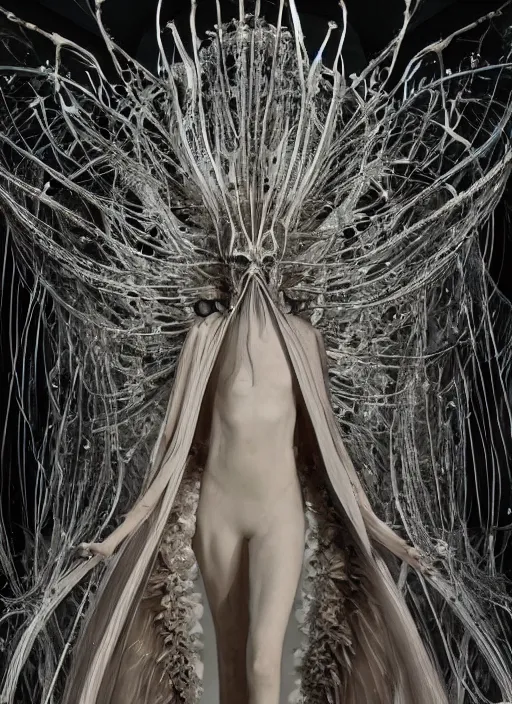 Prompt: walking down the catwalk, tim walker, show, stage, vogue photo, podium, fashion show photo, historical baroque dress dark, iris van herpen, beautiful woman, masterpiece, intricate, biopunk, vogue, full body shot, alien, plant predator, guyver, jellyfish, white biomechanical details, highly detailed