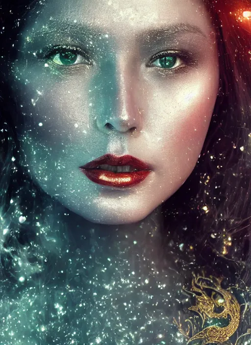 Image similar to glowing silver and golden elements, full close-up portrait, young female portrait model from shutterstock as a dark witch, book cover, green forest, white moon, red lips, establishing shot, extremly high detail, photo-realistic, cinematic lighting, pen and ink, intricate line drawings, by Yoshitaka Amano, Ruan Jia, Kentaro Miura, Artgerm, post processed, concept art, artstation, matte painting, style by eddie, raphael lacoste, alex ross