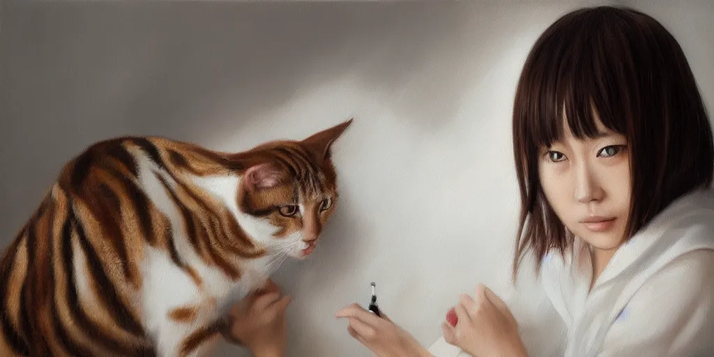 Image similar to a Japanese girl with a brown and white tabby cat , cinematic lighting, detailed oil painting, hyperrealistic, 8k