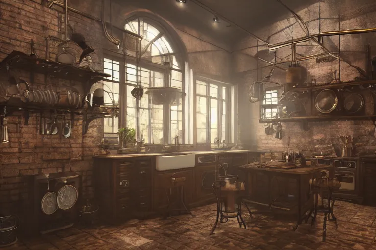 Prompt: steampunk kitchen, liminal space, high detail, rendered in unreal engine, 3d render, god rays, volumetric lighting, HDR, subsurface scatter, mansion, interior, large windows, rich house