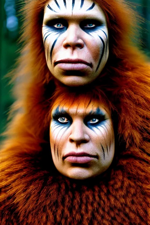 Prompt: a professional portrait photo of a neanderthal woman forest, face paint, ginger hair and fur, extremely high fidelity, natural lighting, national geographic magazine cover, still from the movie quest for fire