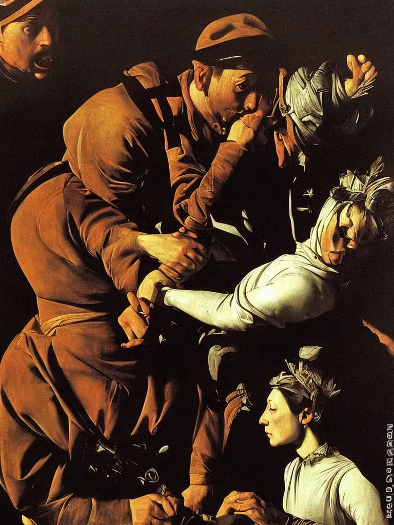 Image similar to portrait of a soldier laying his hand on top of the queen ’ s head, by caravaggio