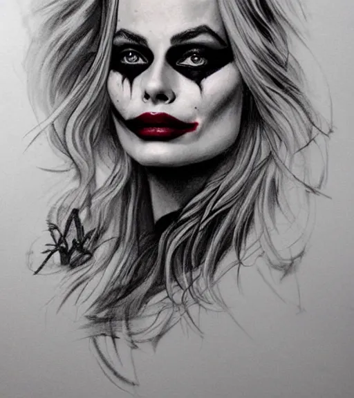 Image similar to tattoo design sketch of beautiful margot robbie portrait with joker makeup, in the style of den yakovlev, realistic face, black and white, realism tattoo, hyper realistic, highly detailed