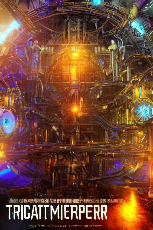 Image similar to a movie poster, the letters tripmachine, realistic digital art, 3 d render of a huge futuristic steampunk generator inside a steampunk machinery, 8 k, fluorescent colors, halluzinogenic, multicolored, exaggerated detailed, unreal engine