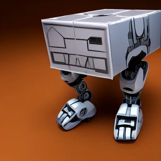 Image similar to a robot in the shape of a box, has 4 legs that end in wheels, k octante detailed render, cinematic lighting, post - processing