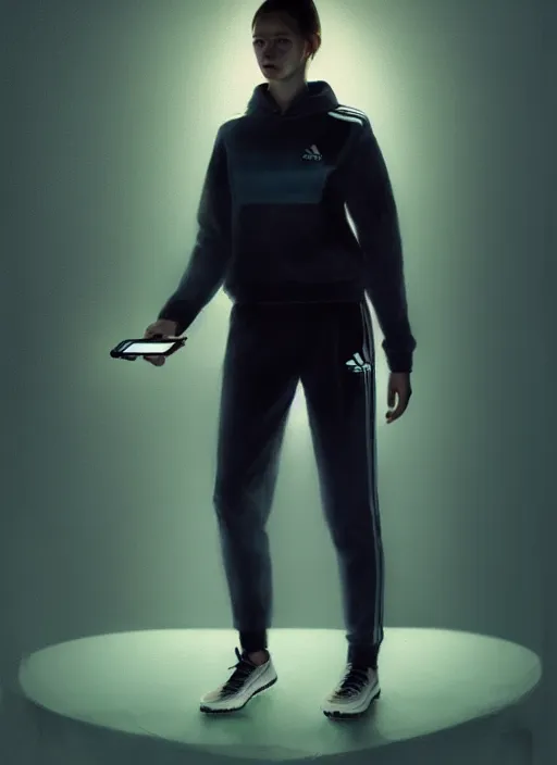 Prompt: portrait of slav heroine wearing an addidas tracksuit with a phone in hand. illuminated phone screen, by greg rutkowski and wlop, detailed, cinematic, 8 k, intricate, rule of thirds.