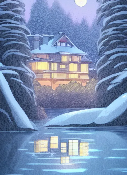 Image similar to a lake house in winter, trending on artstation, ghibli style, anime, concept art,