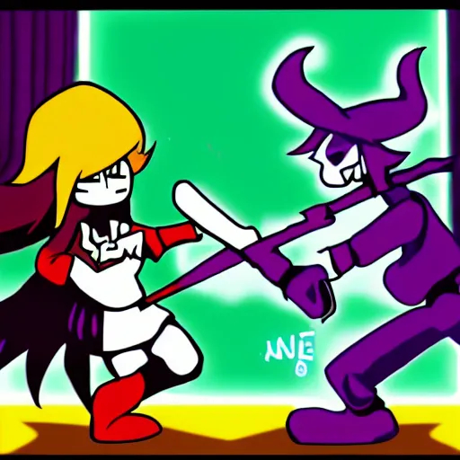 Prompt: Deltarune Kris vs Susie fight fanart trending on e926