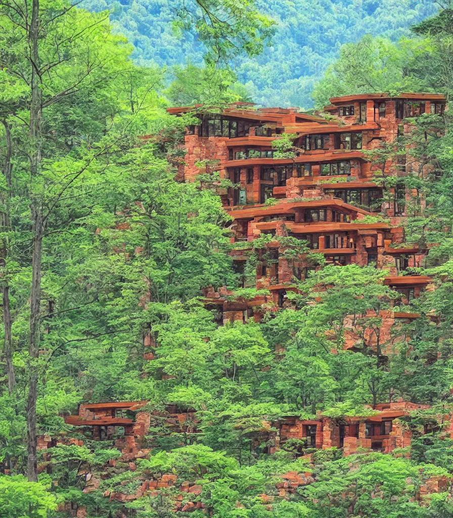 Image similar to of a green spring mountain athmosphere with beautiful forest permeated by a magical river showing a multistory house in the architect style of frank loyd wright made out of natural stone bricks from the distance with mythical european mountains in the background, artstudio, colorful in the art style of Kerry Milligan