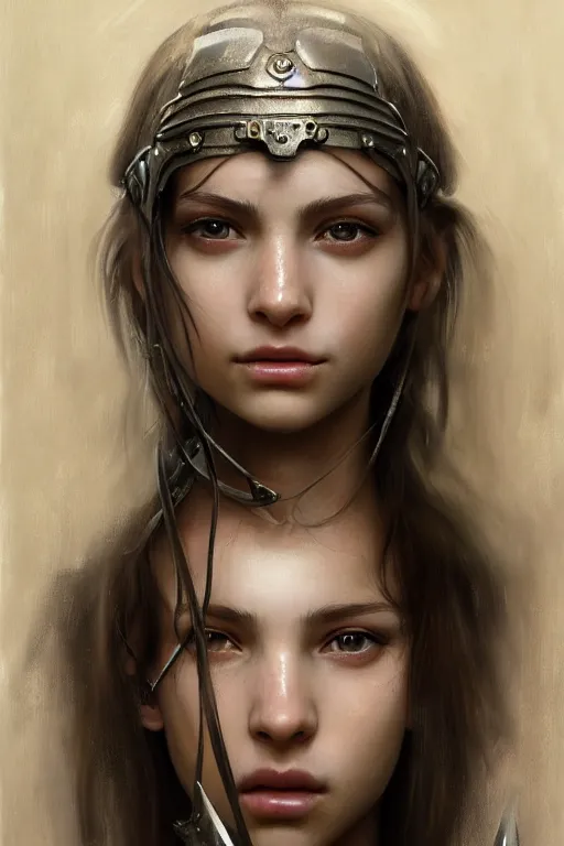Prompt: a photorealistically painted portrait of an attractive young girl, partially clothed in dull metal-plated battle armor, olive skin, long dark hair, beautiful bone structure, symmetric facial features, perfect eyes, natural physique, intricate, elegant, digital painting, concept art, finely detailed, beautiful illustration, sharp focus, minimal artifacts, from Metal Gear, by Ruan Jia and Mandy Jurgens and Artgerm and William-Adolphe Bouguerea, in the style of Greg Rutkowski, trending on Artstation, award winning