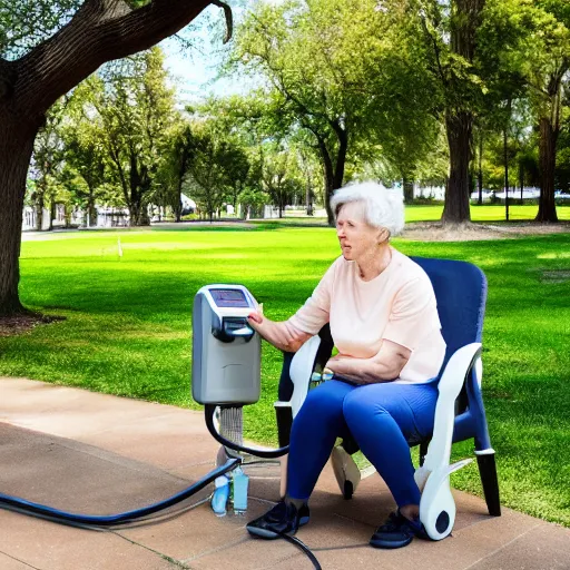 Prompt: an older woman sitting in a park using an oxygen concentrator, 4 k,