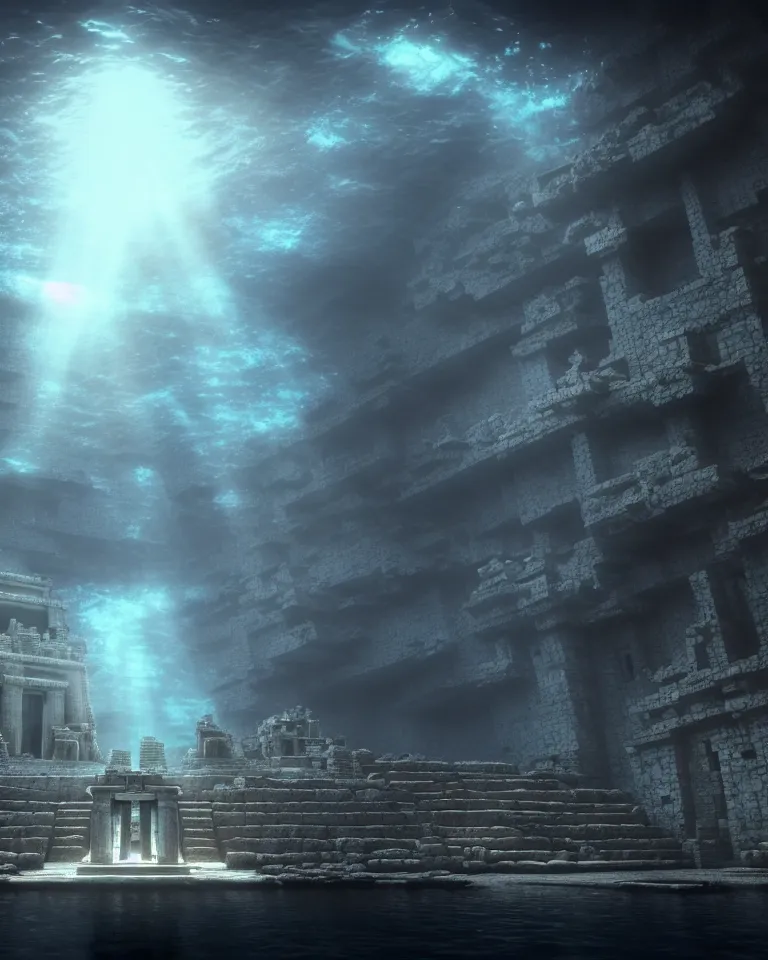 Image similar to ultrawide shot of submerged pre - incan temple, anime style mixed with fujifilm, dark, underwater, symmetrical, bubbles, abyss, dark, murky, foggy, atmospheric, crepuscular rays, artstation, cgsociety, octane render, cgi, unreal engine 5, denoise, detailed, cinematic masterpiece