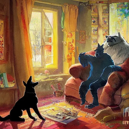 Image similar to a humanoid german shepherd beast - man, sitting and watching a soccer match in his house on television, he has hurt his knee and is a dad, by erin hanson, alexi zaitsev, karl spitzweg, award winning, tv set