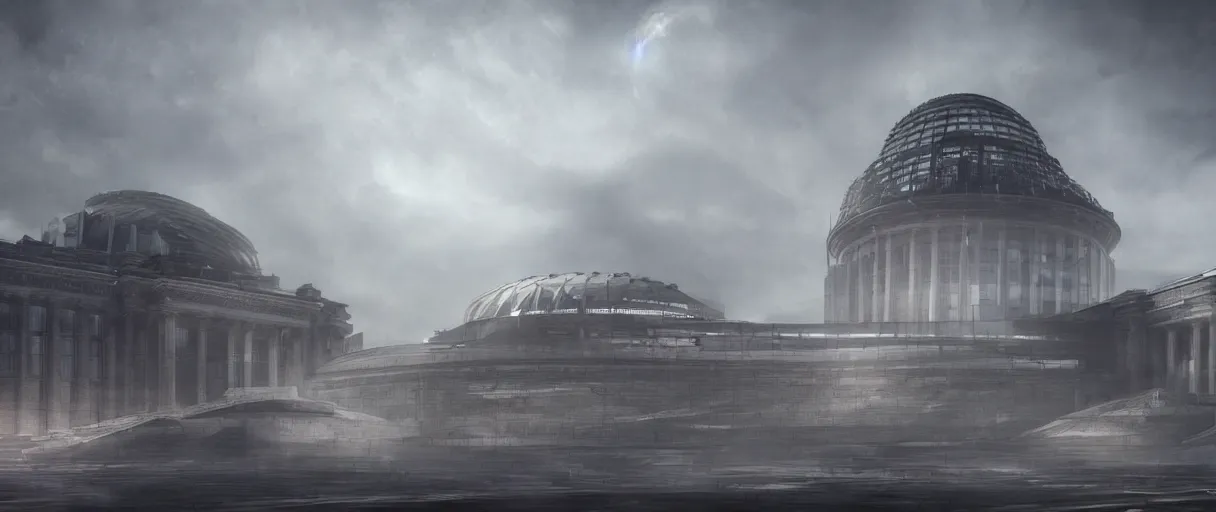 Image similar to dystopian reichstag Germany, futuristic digital painting, concept art, volumetric lighting, warm lighting, trending on artstation, high detail, sci fi, gothic, vivid colours