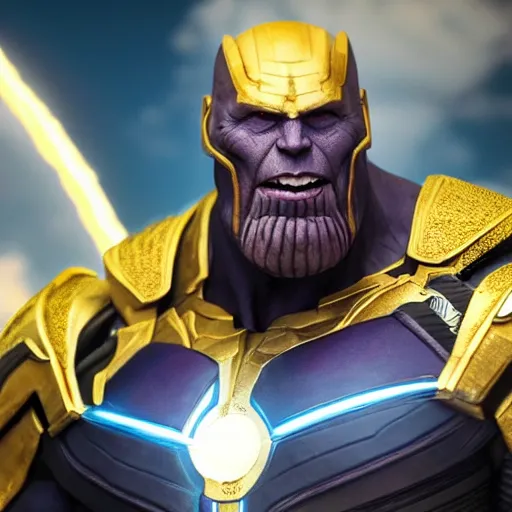 Prompt: MCU gigachad sigma male thanos smiling, wearing infinity gauntlet, high quality wallpaper, desktopography