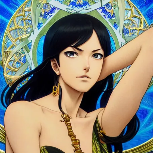 Image similar to highly detailed vfx portrait of nico robin by eiichiro oda!, makoto shinkai, alphonse mucha, sharp focus, art by artgerm and greg rutkowski!, backlit, harsh overhead sunlight, blue eyes!!, large aquiline nose!!, stanley kybric, kaoru mori, intricately detailed, best of behance,