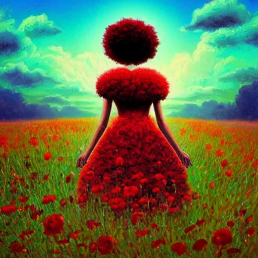 Prompt: giant red flower afro, full body, girl walking in the middle of a field with flowers, surreal photography, hills, sunrise dramatic light, impressionist painting, colorful clouds, digital painting, pointillism, artstation, simon stalenhag