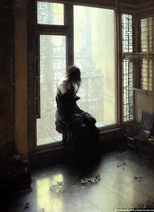 Image similar to a beautiful woman sitting in the floor, inside a modern apartment, intricate oil painting, hyperdetailed, ominous, ethereal, dramatic lighting, by jeremy mann and ruan jia and lawrence alma - tadema