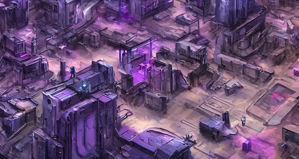 Image similar to Sci-fi landscape of an alley in a desert city, view from the top, purple color-theme, cinematic, science-fiction art wallpaper, stunning digital art