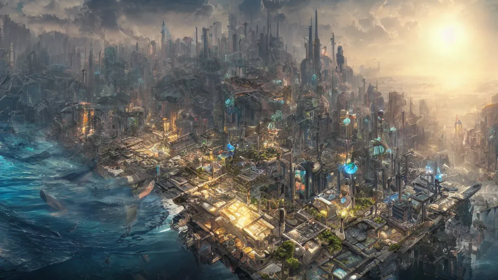 Prompt: a beautiful hyper realistic detailed matte painting of an incredible solarpunk city builds on a glass plateforme above the sea, dynamic lighting, cinematic lighting, by artgerm, stephan martiniere and fenghua zhong, retrowaves, featured on artstation