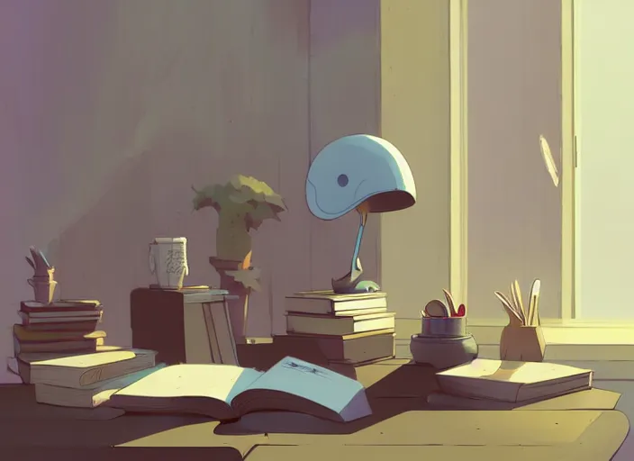 Image similar to books on working table at home, detailed, cory loftis, james gilleard, atey ghailan, makoto shinkai, goro fujita, studio ghibli, rim light, exquisite lighting, clear focus, very coherent, plain background, soft painting by ashley wood, dynamic lighting, gradient light blue, brown, blonde cream and white color scheme, grunge aesthetic