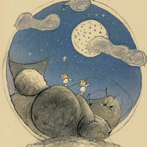 Image similar to night sky, stars, personified smiling moon prominently in the center, surrounded by clouds, landscape, illustrated by peggy fortnum and beatrix potter and sir john tenniel