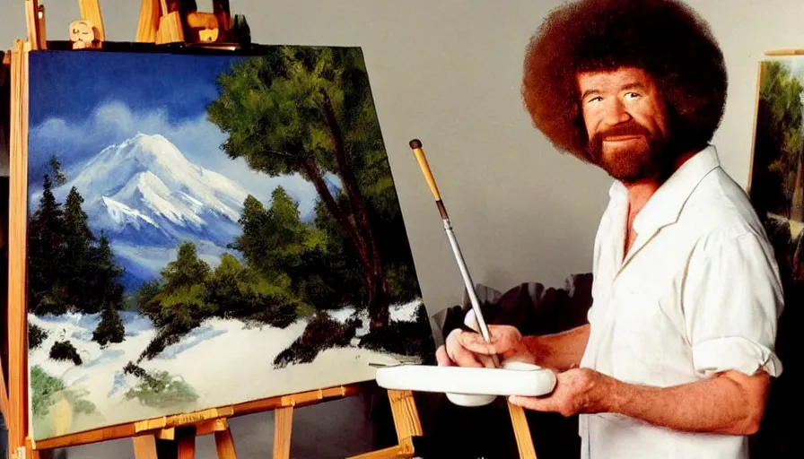 Prompt: bob ross snorting a fat line of cocaine with a beautiful landscape painting on an easel behind him