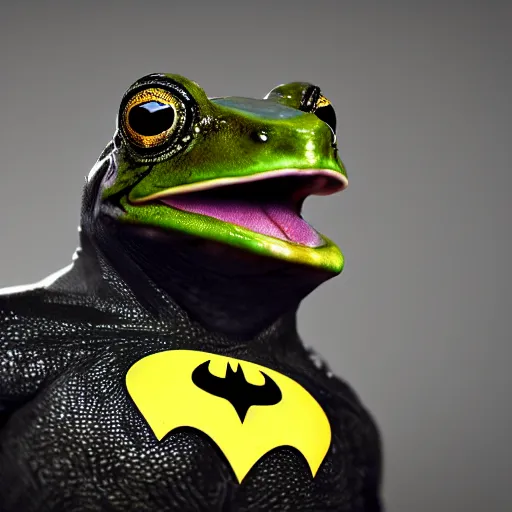 Prompt: photograph, batman the cane toad, wearing smooth froggy batsuit, alluring hero pose, its just a frog wearing a batman costume, painterly, breathtaking stande, triumphant, ornate, intricate, hyper detailed, accent lighting, dramatic light, 4 k octane render