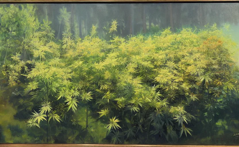 Image similar to oil painting lanscape by anders zorn, nature, leaf bush, marijuana leaves, cannabis flowers backlight, reflections