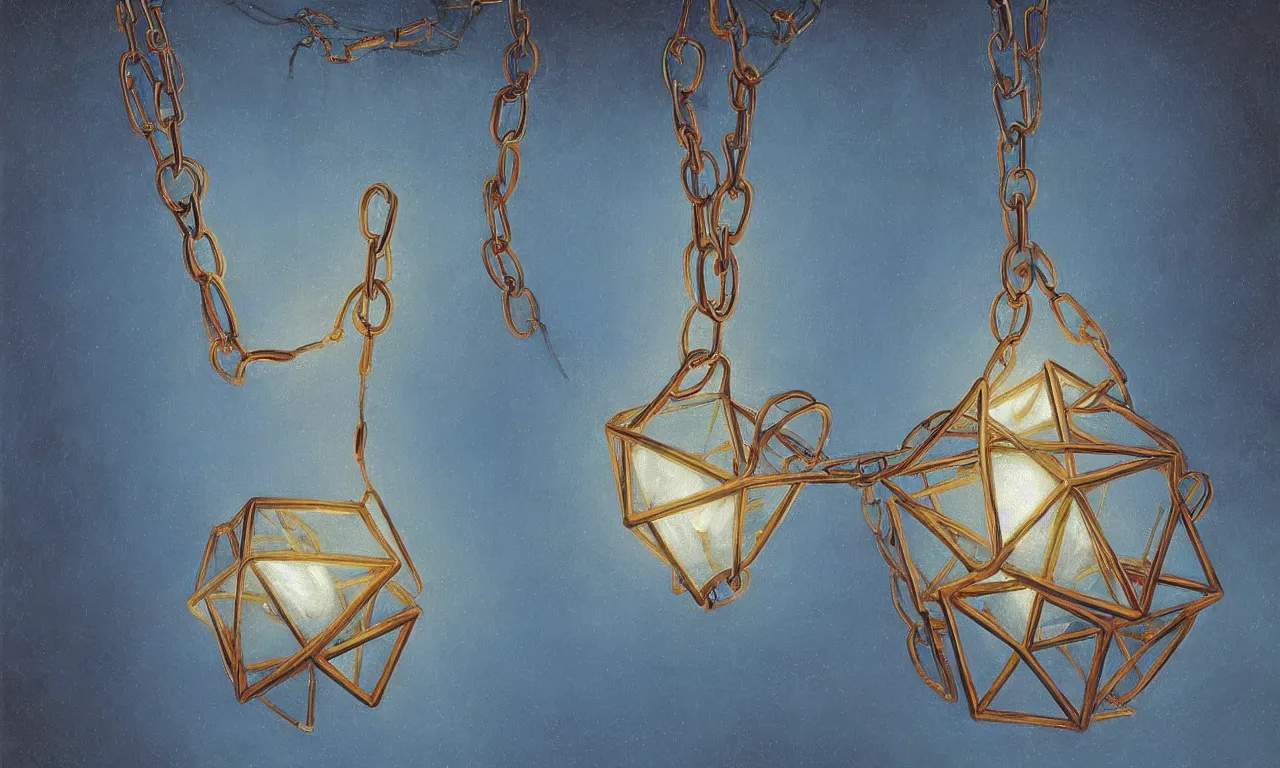 Prompt: a floating dodecahedron necklace of neon light, art by james gurney and greg rutkowski and rene magritte, surrealism by salvador dali, very detailed, high resolution, symmetry, volumetric lighting