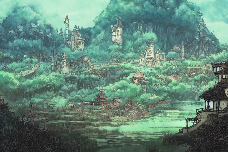 Image similar to dark fantasy land, painting, water color, ghibli, hayao miyazaki, concept art, detailed, nobuyuki yanai, hiroshi matsuyama, hiroyuki maeda