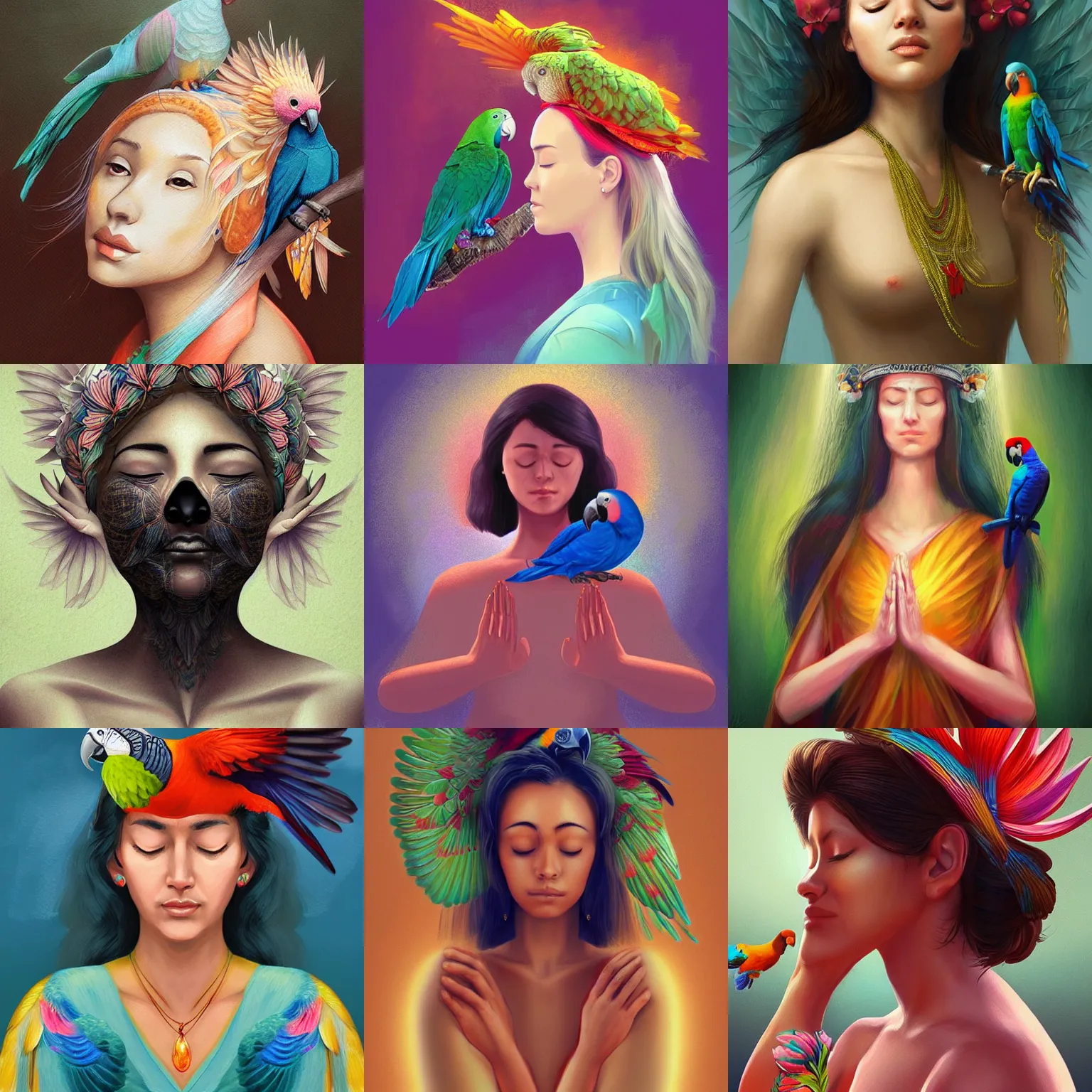 Prompt: A woman meditating with a parrot on her head, highly detailed, digital painting, artstation, illustration, art by artgerm