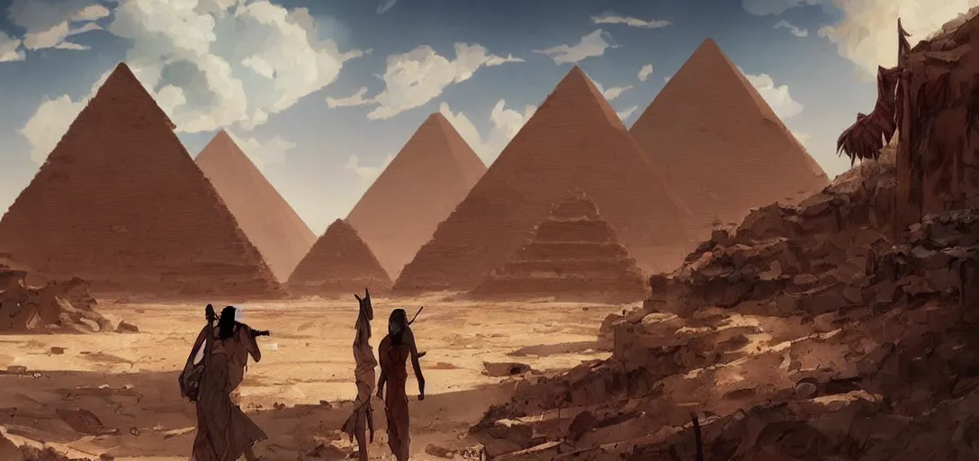 Image similar to egyptian landscape, desert, zombies, by studio ghibli and greg rutkowski,