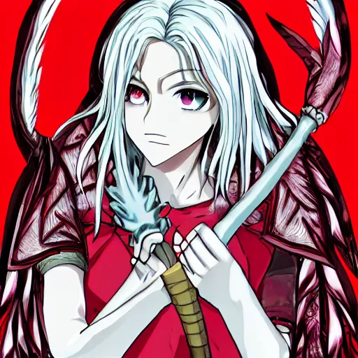 Prompt: an anime portrait of a white woman with red eyes wearing a leather jacket with white hair and dragon wings on her back holding a bat she has a scar going across her face