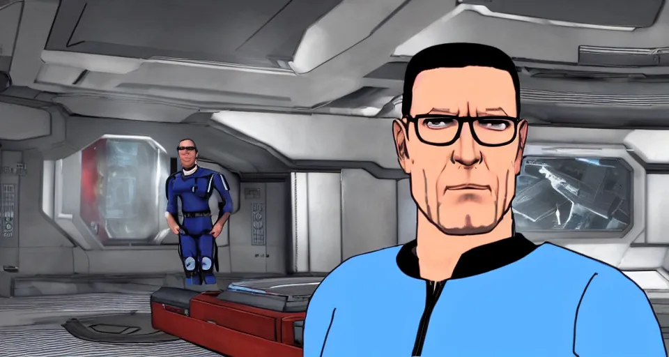 Prompt: single person. hank hill as commander shepard within the ssv normandy in the videogame mass effect 2. mid - conversation portrait. dim spaceship interior bg behind him. cutscene. hd.